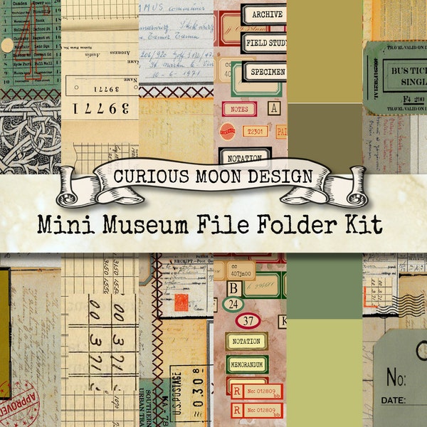 Mini FILE FOLDER Digital Printable Kit. Museum archival style ephemera  for Junk Journals Scrapbooks, Gifts, cards with Vintage Imagery