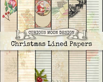 LINED PAPERS Christmas themed kit Journal printable digital download Pages for Paper Craft, Journal, Scrapbook, Diary, collage, card making.