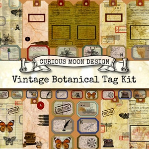 May include: A set of vintage botanical tags featuring butterflies, insects, and other nature-inspired designs. The tags are in various shapes and sizes, with a distressed, antique look. The text on the tags includes "Vintage Botanical Tag Kit" and "Curious Moon Design".
