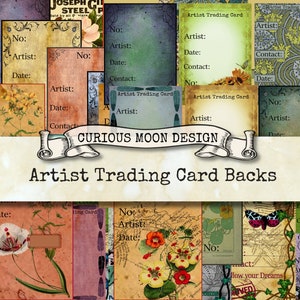 Könnte beinhalten: Ein Set mit 10 druckbaren Rückseiten für Künstler-Trading-Karten mit Vintage-Blumen- und botanischen Designs. Die Karten sind leer und bereit, mit Ihren eigenen Kunstwerken individualisiert zu werden.