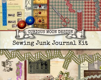 SEWING Printable Digital Junk Journal kit, for scrapbooks,needlebooks, notebooks, cards, tags, gifts.