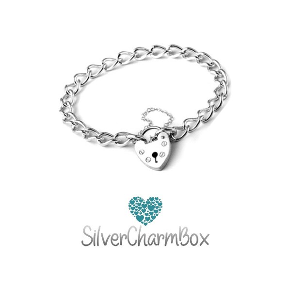 Sterling Silver Charm Bracelet with Padlock and Safety Chain - Gift Boxed