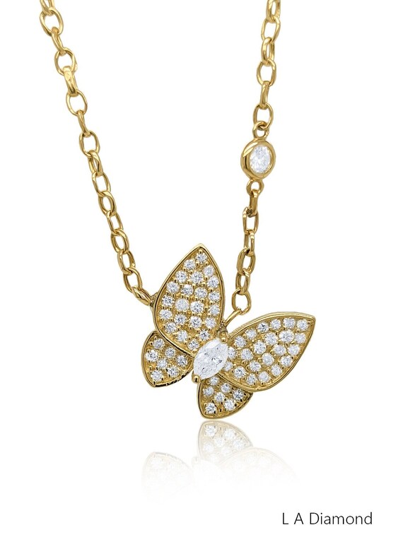 Diamond Butterfly Pendant With Chain 14K Yellow Gold Small Cute