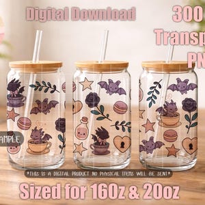 May include: Three clear glass tumblers with bamboo lids and straws, decorated with whimsical purple bat and star illustrations. The tumblers are adorned with various cute graphics and the text "Digital Download".