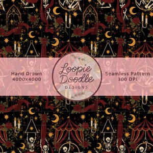 May include: Seamless pattern on a dark background with red roses, crescent moons, stars, and skeleton figures. The design includes circus tent elements and the text "Loopie Doodle Designs". The pattern is hand drawn and 4000x4000 pixels.