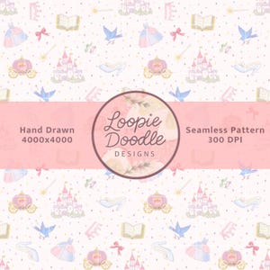 Könnte beinhalten: Ein nahtloses Muster mit handgezeichneten Illustrationen von Märchen. Das Design umfasst Schlösser, Kutschen, Kleider, Vögel, Bücher, Zauberstäbe und Schuhe in Pastelltönen von Rosa, Blau und Gelb auf weißem Hintergrund. Der Text "Loopie Doodle Designs" befindet sich in einem kreisförmigen Logo.
