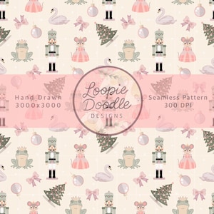 May include: A seamless pattern featuring hand-drawn illustrations of a nutcracker, mouse, frog, swan, Christmas tree, and ornaments in soft pink, green, and gray tones. The design includes the text "Loopie Doodle Designs".