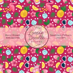 May include: Seamless pattern with a pink background featuring illustrations of pineapples, flamingos, strawberries, lemon slices, ice cubes, sunglasses, and hibiscus flowers. The pattern includes the text "Loopie Doodle Designs".