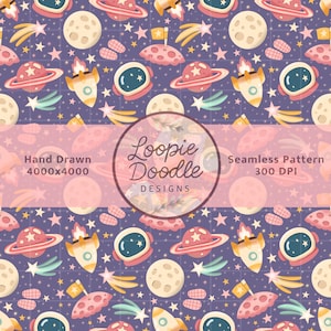 Patrón espacial sin costuras PNG / Papel digital de cohetes, planetas y estrellas (descarga digital)