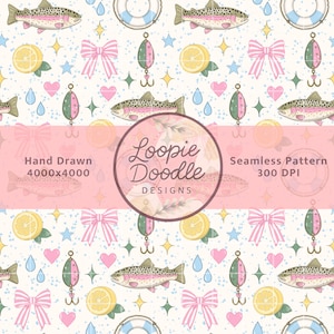 May include: A seamless pattern featuring illustrations of rainbow trout, pink striped bows, yellow lemon slices, fishing lures, blue water droplets, pink hearts, and stars on a white background with a central overlay text Loopie Doodle DESIGNS.