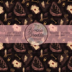 May include: Seamless pattern featuring a repeating design of a castle, keys, candles, envelopes, goblets, and ravens in shades of brown, gold, and cream. The pattern includes the text "Loopie Doodle Designs".