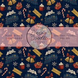 May include: A navy blue Christmas-themed seamless pattern with illustrations of trains, bells, gifts, candy canes, and snowflakes. The design includes the text "BELIEVE" and "Loopie Doodle Designs".