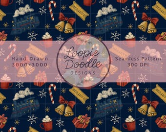 Christmas Train Seamless Pattern | Hand Drawn Holiday Digital Paper (PNG)