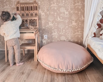 Oreiller de sol en coton rose nude fait main pour enfants, coussin rond en toile avec pompons, décoration de chambre d'enfant, coussin en coton, oreillers de chambre d'enfant