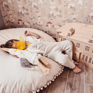 Oreiller de sol en coton fait main, coussin rond en toile avec pompons, décoration de chambre d'enfant, coussin en coton, coussins de sol, oreiller pour chambre d'enfant image 4