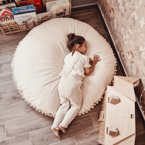 Handmade Cotton floor pillow , canvas round cushion with Pom poms,  kid's room decoration, cotton cushion, floor pillows, nursery pillow