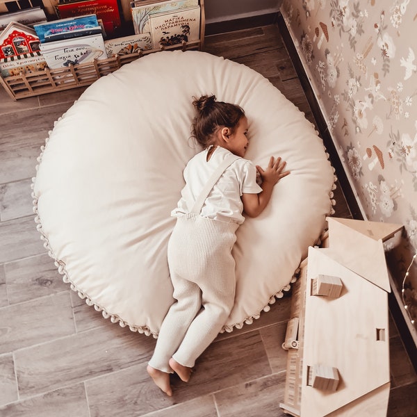 Almohada de suelo de algodón hecha a mano, cojín redondo de lona con pompones, decoración de la habitación del niño, cojín de algodón, almohadas de suelo, almohada de guardería