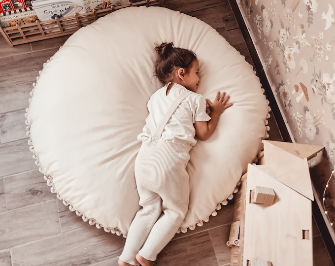 Cotton round  Floor Pillow – Large Round Cushion for Kids Room, Montessori Reading Nook Seat, Soft Pom Pom Nursery Decor, removable cover