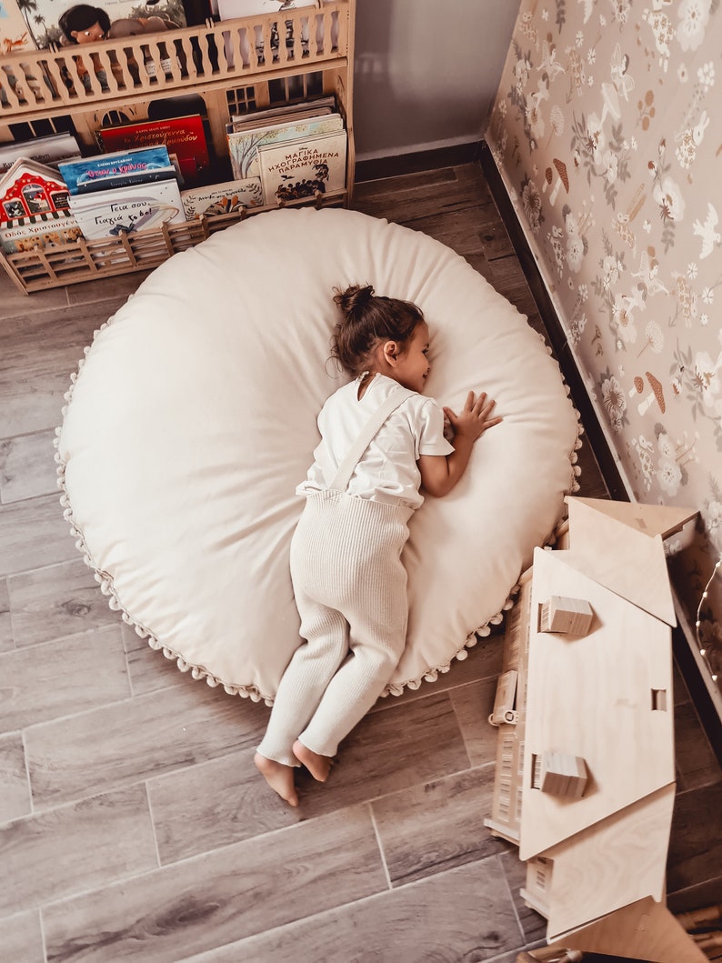 Handmade Cotton floor pillow , canvas round cushion with Pom poms, kid's room decoration, cotton cushion, floor pillows, nursery pillow image 1