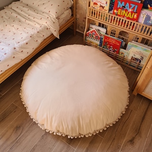 Handmade Cotton floor pillow , canvas round cushion with Pom poms, kid's room decoration, cotton cushion, floor pillows, nursery pillow zdjęcie 5