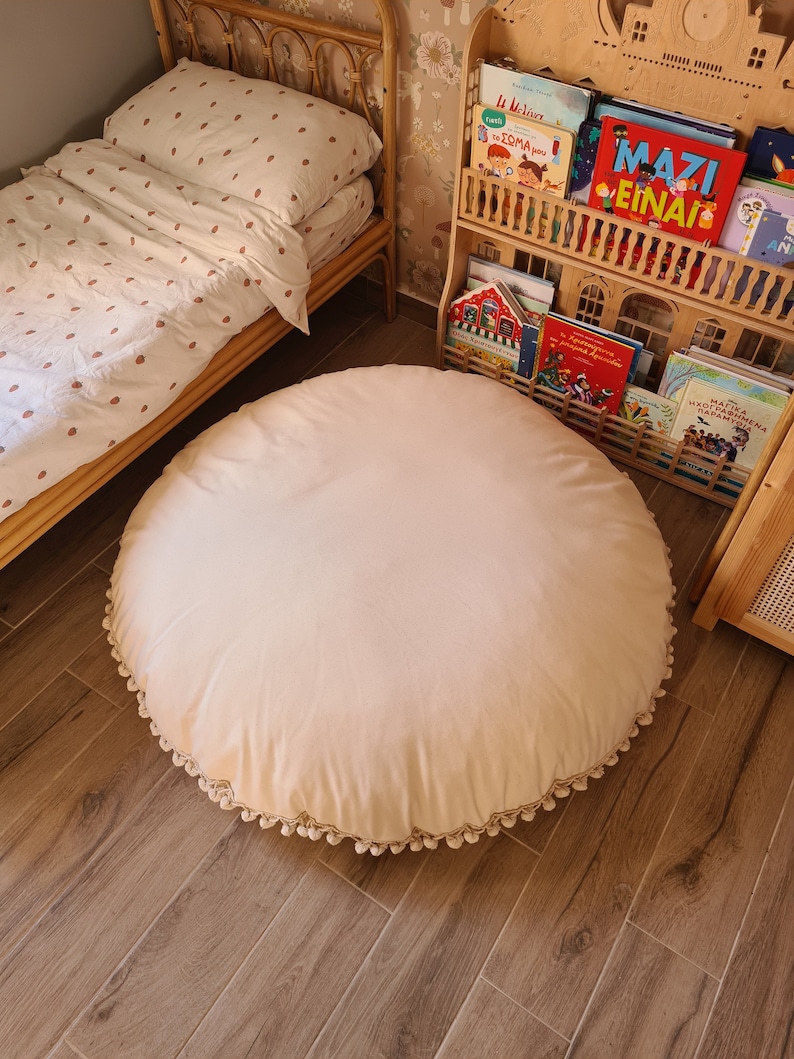Handmade Cotton floor pillow , canvas round cushion with Pom poms, kid's room decoration, cotton cushion, floor pillows, nursery pillow zdjęcie 5