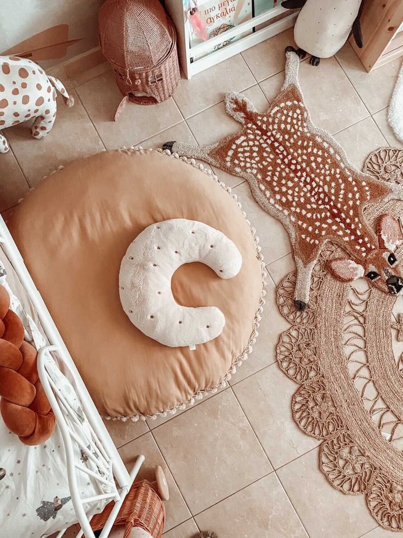 Handmade Cotton floor pillow , canvas round cushion with Pom poms, kid's room decoration, cotton cushion, floor pillows, nursery pillow image 3