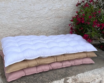 White Linen Quilted Floor Cushion, Nursery Mat, Shower Gift