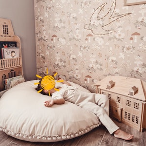 Handmade Cotton floor pillow , canvas round cushion with Pom poms, kid's room decoration, cotton cushion, floor pillows, nursery pillow zdjęcie 8