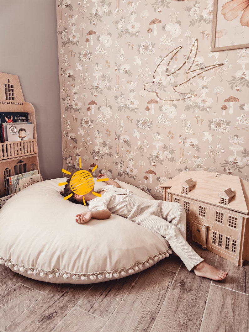 Handmade Cotton floor pillow , canvas round cushion with Pom poms, kid's room decoration, cotton cushion, floor pillows, nursery pillow image 8