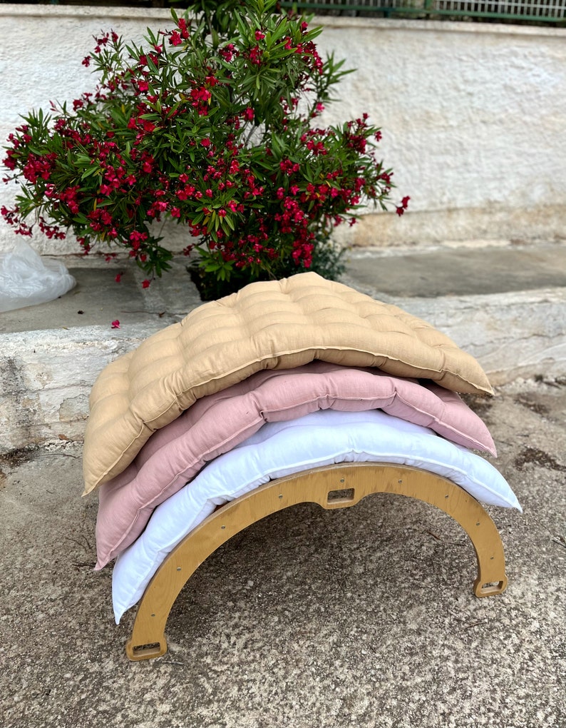 White Linen Quilted Floor Cushion, Nursery Mat, Shower Gift image 5
