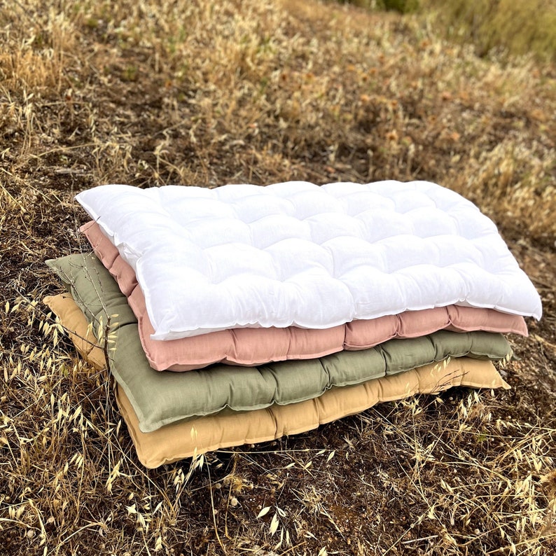White Linen Quilted Floor Cushion, Nursery Mat, Shower Gift image 2