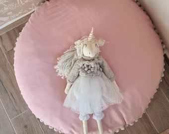 Handmade Pink Cotton Floor Pillow, Pom Pom Nursery Cushion