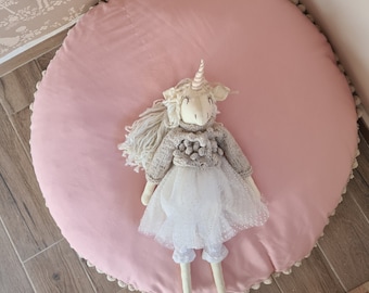 Coussin de sol en coton rose fait main, coussin rond en toile avec pompons, décoration de chambre d'enfant, coussin en coton, coussins de sol, coussin de chambre d'enfant