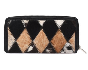 Cowhide Patchwork Leather Clutch: Bifold Wallet, Credit Card Holder