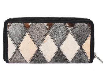 Cowhide Patchwork Leather Clutch Wallet: Bifold Credit Card Holder
