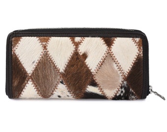 Cowhide Patchwork Leather Clutch: Bifold Wallet, Credit Card Holder