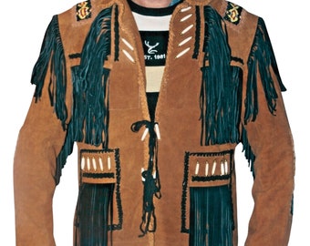 Uomo Occidentale Cowboy Giacca Scamosciato Pelle Vintage Perline Frange - Foto 7