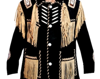 Fringed Suede Leather Western Jacket: Cowboy Style Beaded Detail