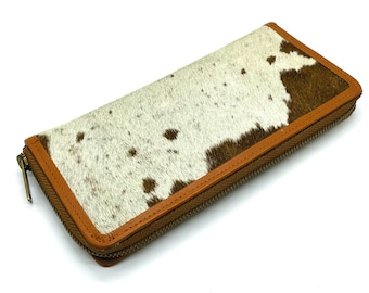 Handmade Cowhide Leather Zipper Clutch: Fur Wallet Purse