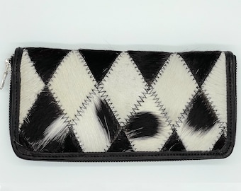 Cowhide Patchwork Leather Clutch: Bifold Wallet Purse
