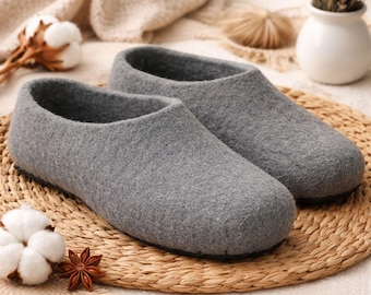 Handmade Wool Felted Slippers: Gray Merino Wool, Eco-Leather Sole