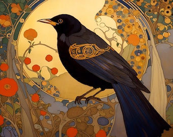 Art Nouveau Crow Velvet Panel for pillows, blankets, Home decoration, Fabric panel, Upholstery fabric
