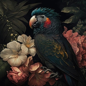 Parrot on dark Velvet Panel for pillows, blankets, Home decoration, Fabric panel, Upholstery fabric