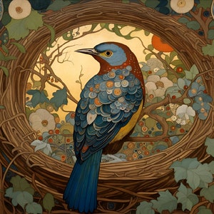 Art Nouveau Bird Velvet Panel for pillows, blankets, Home decoration, Fabric panel, Upholstery fabric