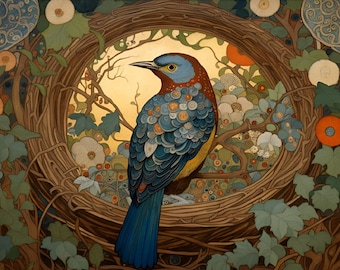 Art Nouveau Bird Velvet Panel for pillows, blankets, Home decoration, Fabric panel, Upholstery fabric