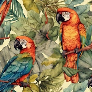 Tropical parrots Velvet Panel for pillows, blankets, Home decoration, Fabric panel, Upholstery fabric