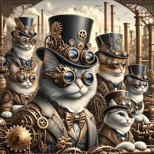Steam punk cats 2 industrial Velvet panel for pillow Fabric for pillows and home decor Fabric for furniture Upholstery panel