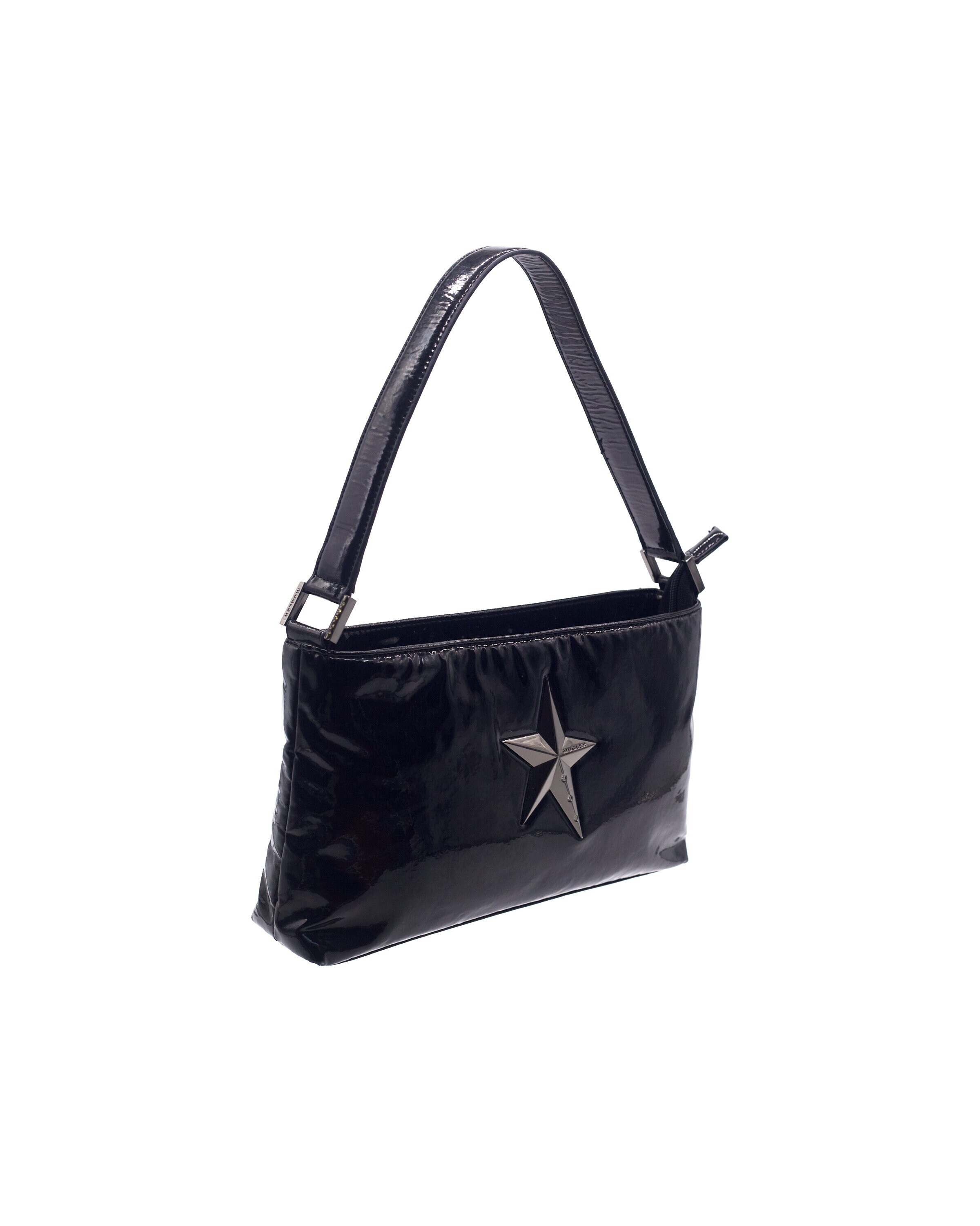 Y2k Thierry Mugler Handbag in Black patent leather / 2000s Iconic Mugler Shoulder bag with a metallic Star logo /Mugler Star Bag