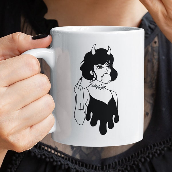 Snarky Goth Mug, Witchy Gift for Badass, Fuck Off Middle Finger Coffee Mug, Halloween Mug, Sarcastic She Devil Gift