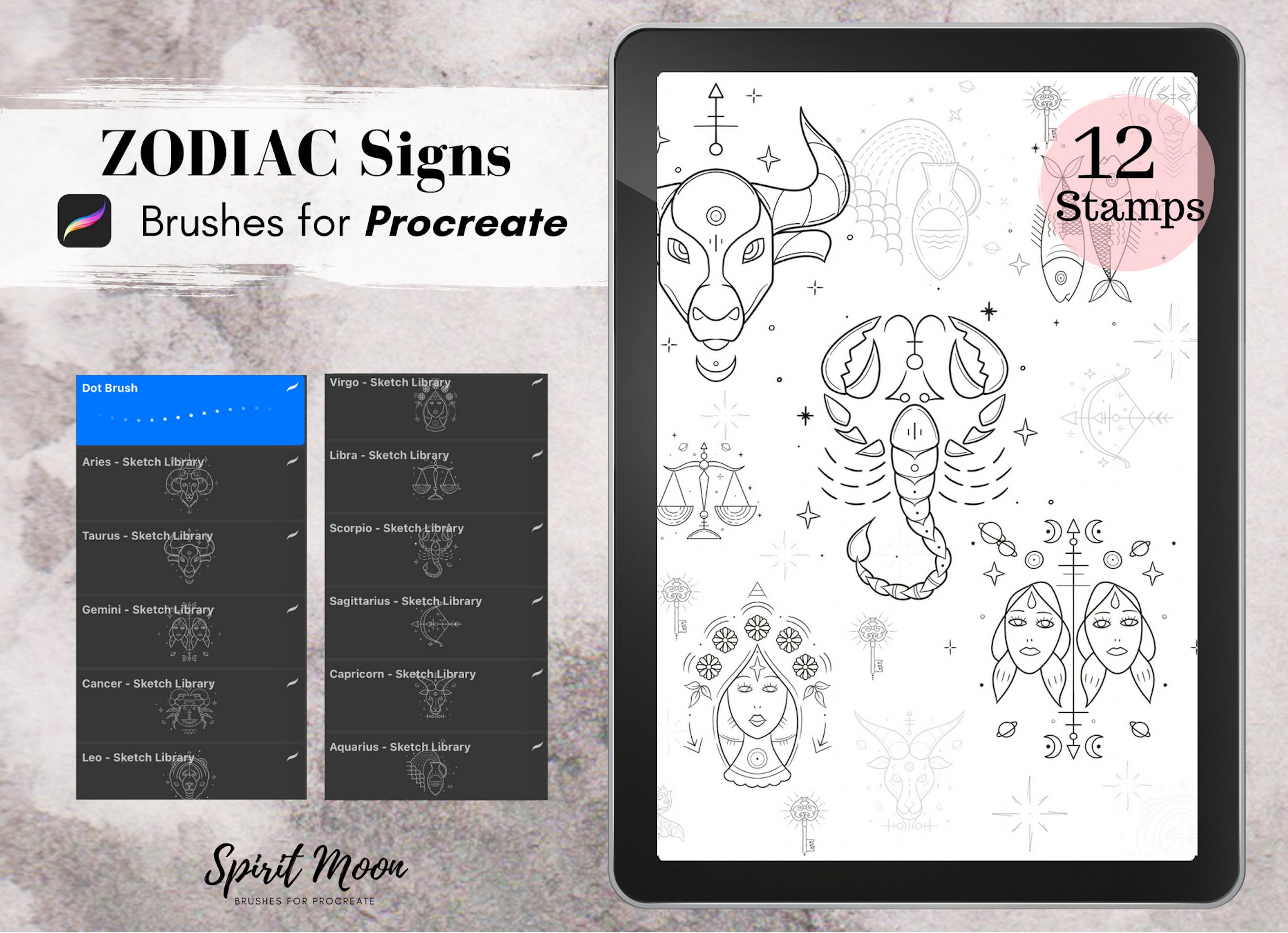 12 Zodiac signs Procreate Stamps Brushes for Procreate iPad Etsy